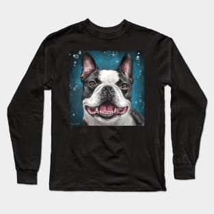 Painting of a Happy Boston Terrier Smiling on Blue Background Long Sleeve T-Shirt